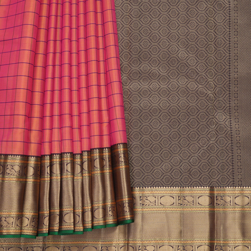 Hayagrivas Handloom Orangish-Pink Kanjivaram Silk Saree with Kanchana Brown Border KBF695G8-6
