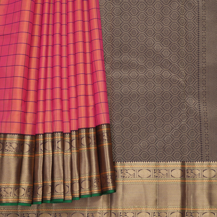 Hayagrivas Handloom Orangish-Pink Kanjivaram Silk Saree with Kanchana Brown Border KBF695G8-6