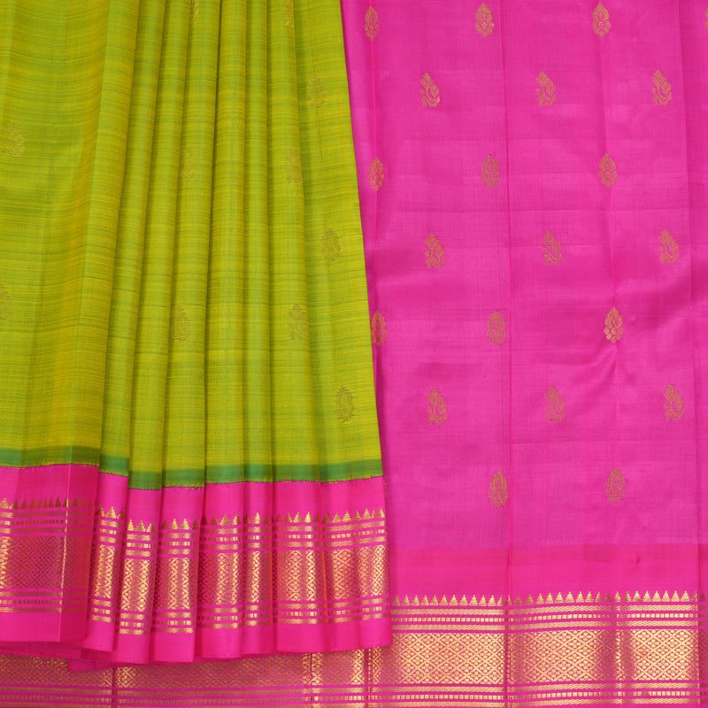 Hayagrivas Fluorescent Green Pure One-sided border Kanjivaram Silk Saree KBF696G1-13