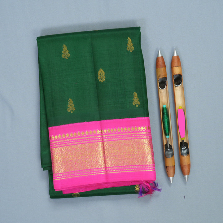 Hayagrivas Bottle Green Pure One-sided border Kanjivaram Silk Saree KBF696G1-32
