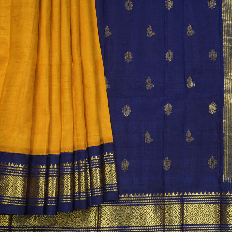 Hayagrivas Mustard Yellow Pure One-sided border Kanjivaram Silk Saree KBF696G1-40