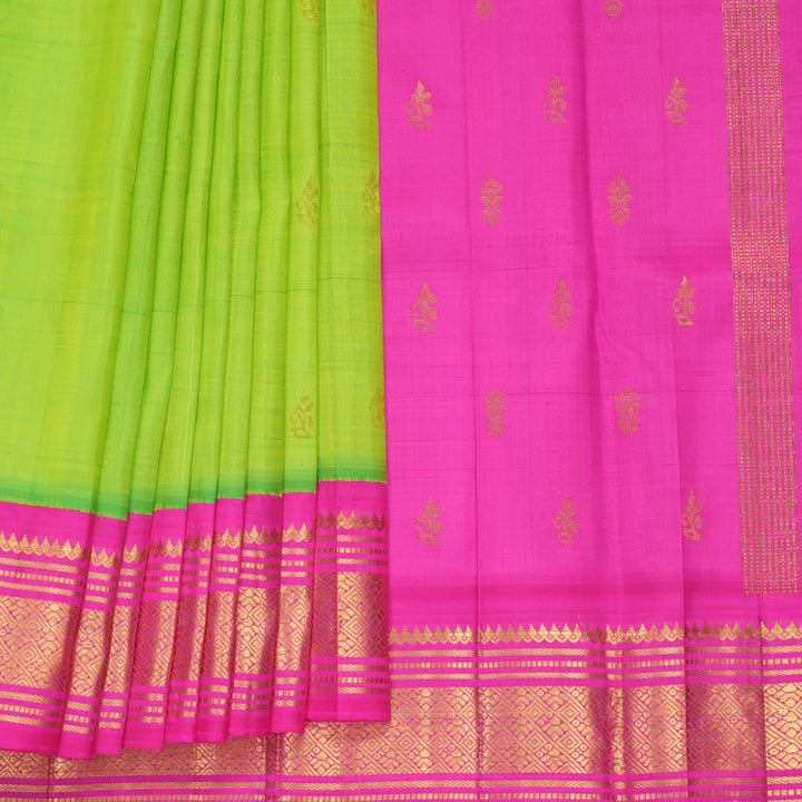 Hayagrivas Fluorescent Green Pure One-sided border Kanjivaram Silk Saree KBF696G1-56