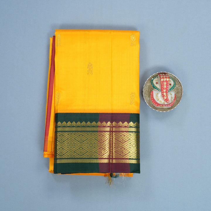 Hayagrivas Mango Yellow Pure One-sided border Kanjivaram Silk Saree KBF696G4-5
