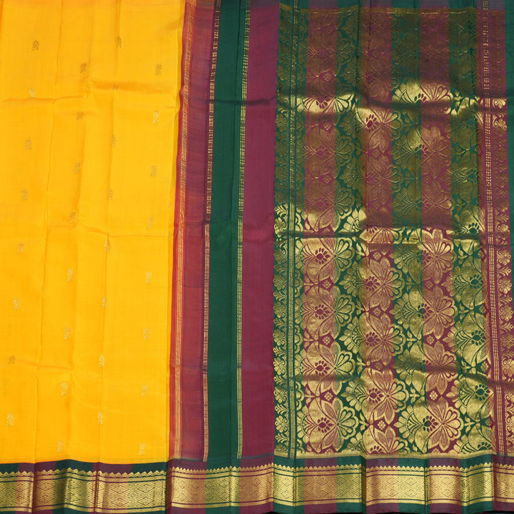 Hayagrivas Mango Yellow Pure One-sided border Kanjivaram Silk Saree KBF696G4-5