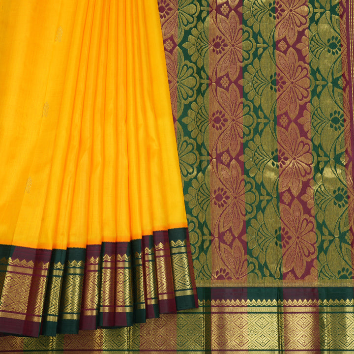 Hayagrivas Mango Yellow Pure One-sided border Kanjivaram Silk Saree KBF696G4-5