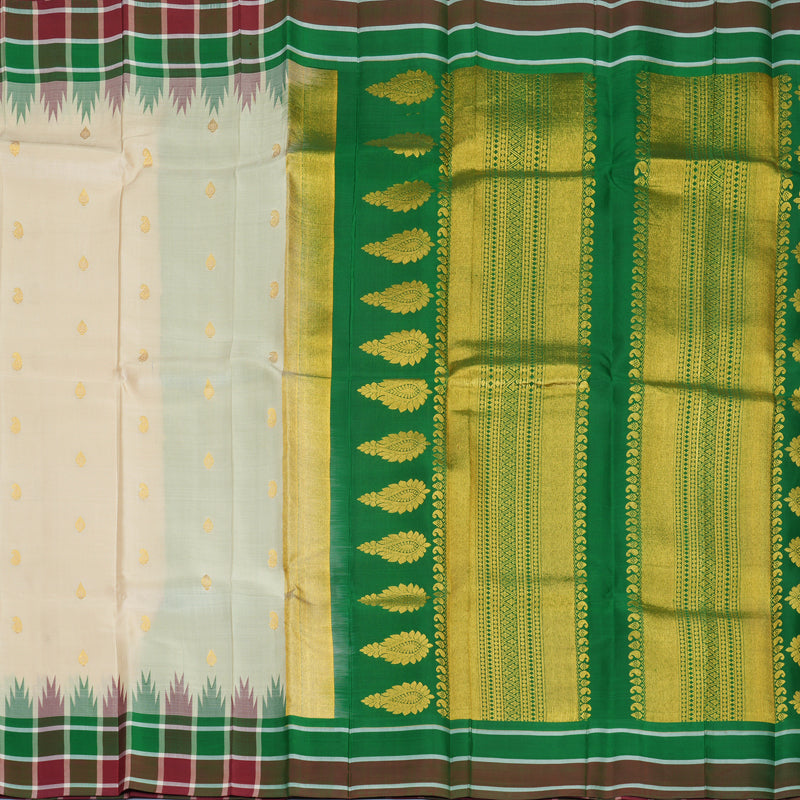 Hayagrivas Handloom Beige Kanjivaram Silk Saree with Green &amp; Maroon Checks Border KBF696G7-1
