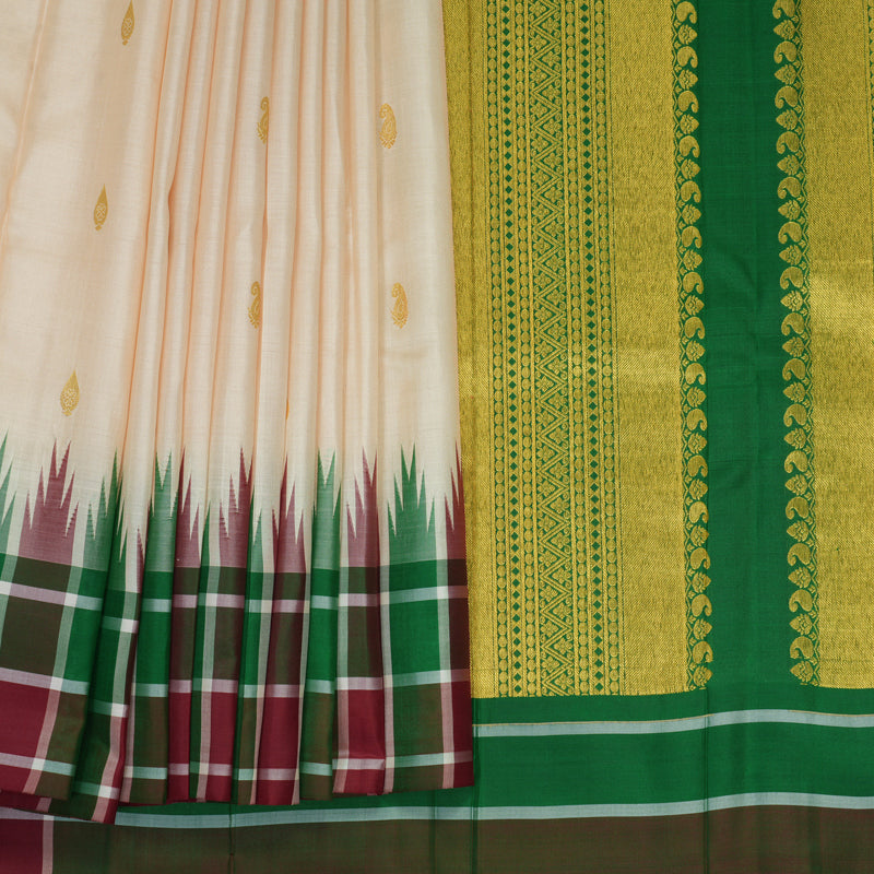 Hayagrivas Handloom Beige Kanjivaram Silk Saree with Green &amp; Maroon Checks Border KBF696G7-1