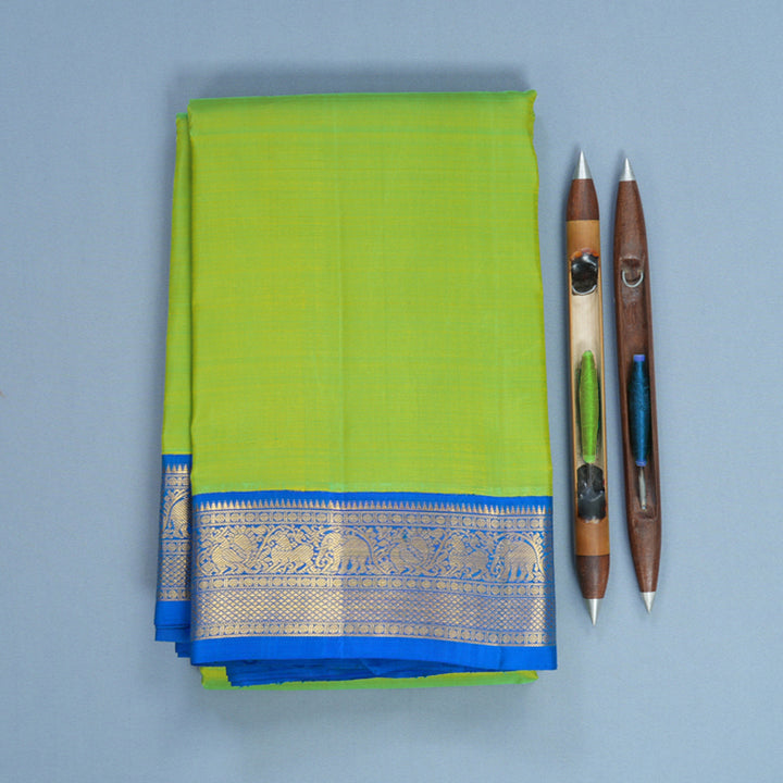 Hayagrivas Handloom Fluorescent Green Kanjivaram Silk Saree with Ananda Blue Border KBF697G1-4