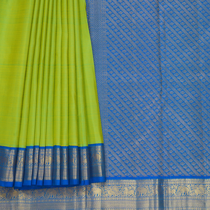 Hayagrivas Handloom Fluorescent Green Kanjivaram Silk Saree with Ananda Blue Border KBF697G1-4