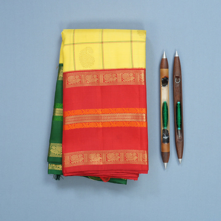 Hayagrivas Handloom Lemon Yellow Kanjivaram Silk Saree with Ganga Jamuna Border KBF698G3-1