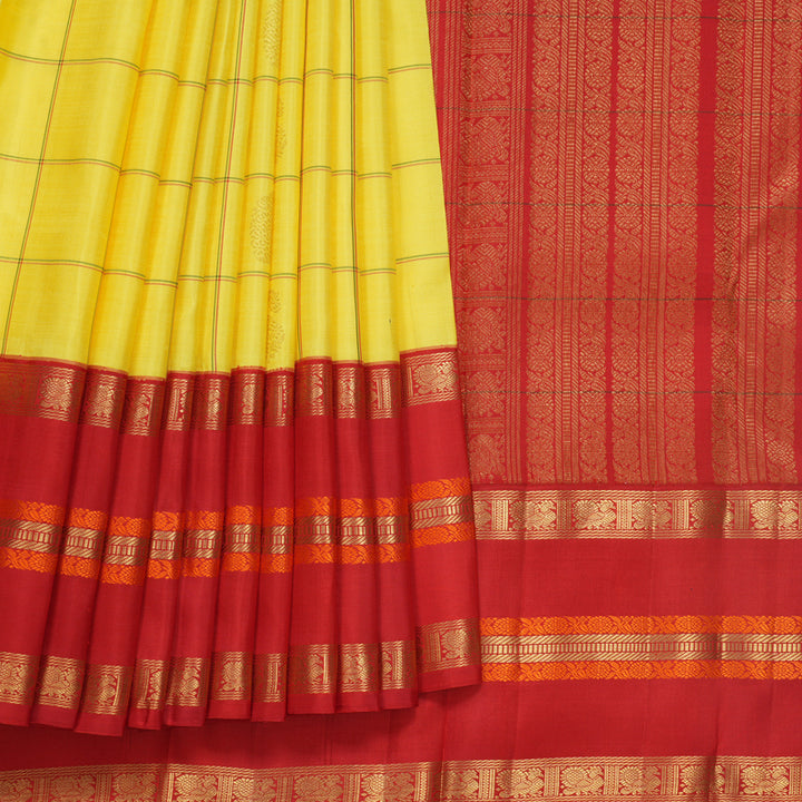 Hayagrivas Handloom Lemon Yellow Kanjivaram Silk Saree with Ganga Jamuna Border KBF698G3-1