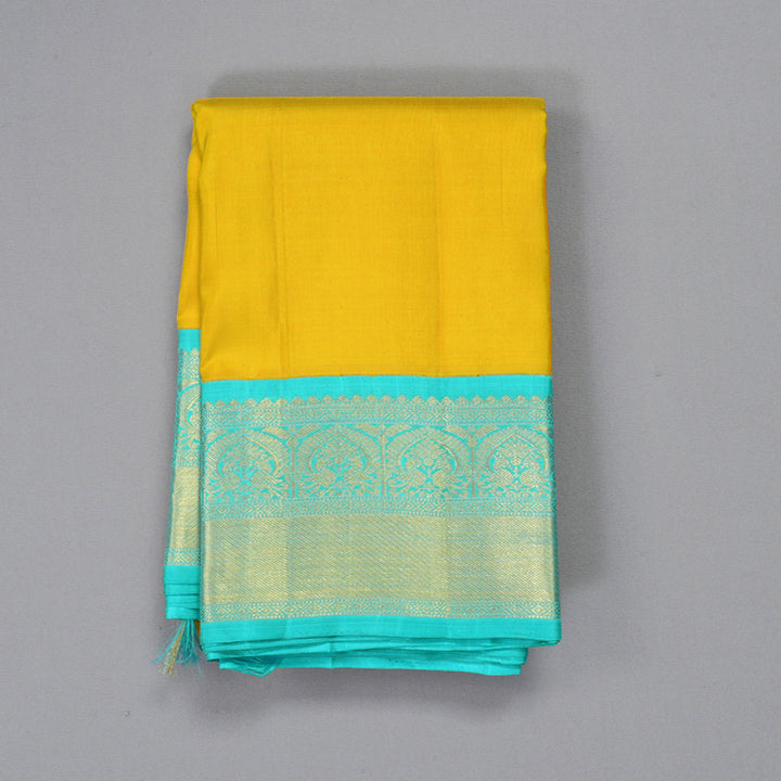 Hayagrivas Handloom Yellow Kanjivaram Silk Saree with Bright Teal Border KBF69D8-1