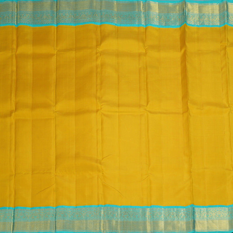Hayagrivas Handloom Yellow Kanjivaram Silk Saree with Bright Teal Border KBF69D8-1