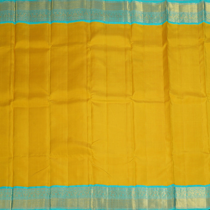 Hayagrivas Handloom Yellow Kanjivaram Silk Saree with Bright Teal Border KBF69D8-1