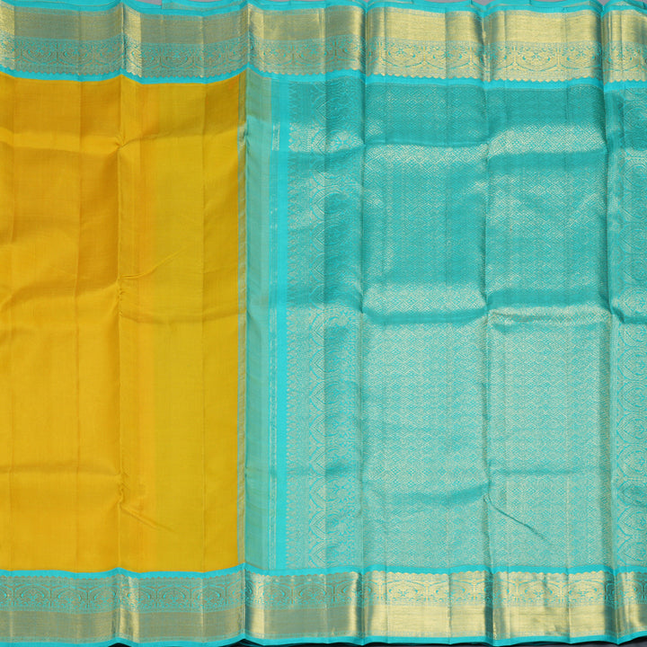 Hayagrivas Handloom Yellow Kanjivaram Silk Saree with Bright Teal Border KBF69D8-1