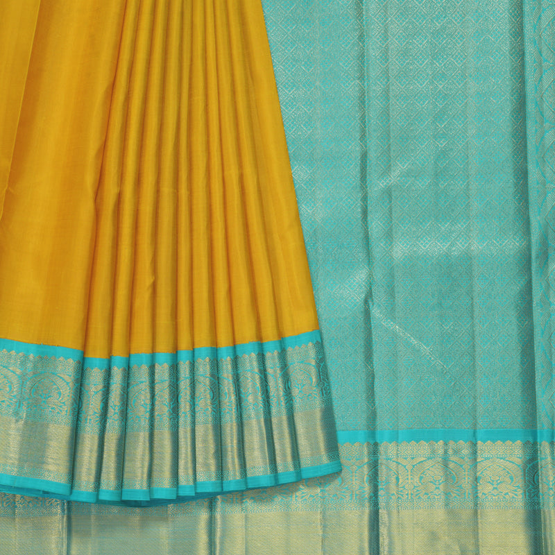 Hayagrivas Handloom Yellow Kanjivaram Silk Saree with Bright Teal Border KBF69D8-1