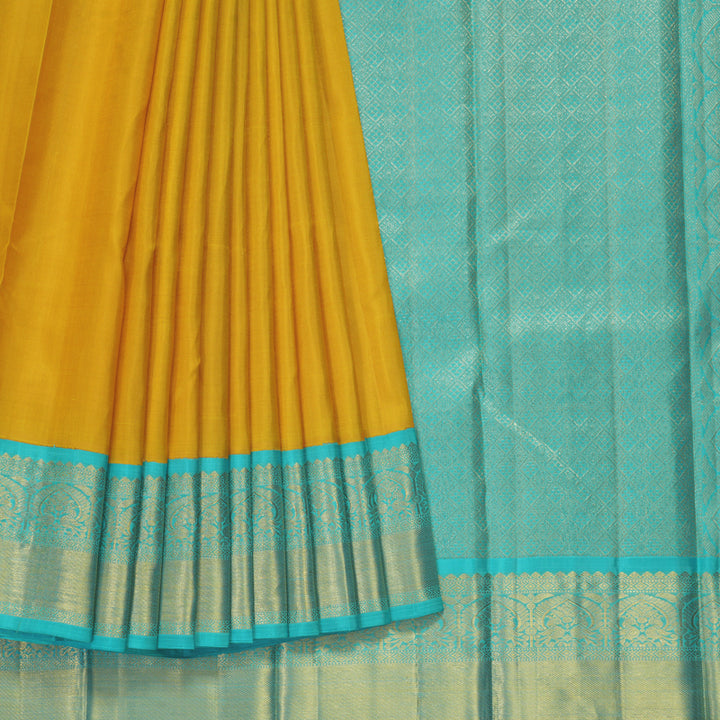 Hayagrivas Handloom Yellow Kanjivaram Silk Saree with Bright Teal Border KBF69D8-1