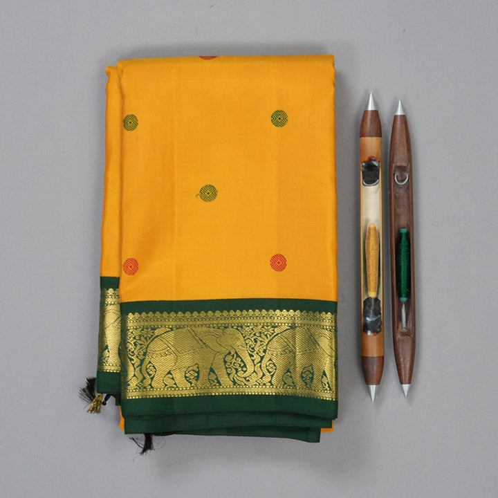 Hayagrivas Handloom Mustard Yellow Kanjivaram Silk Saree with Bottle Green Border KBF6D2-3
