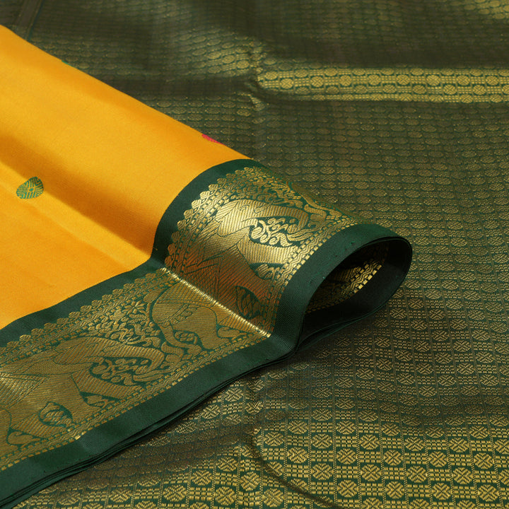 Hayagrivas Handloom Mustard Yellow Kanjivaram Silk Saree with Bottle Green Border KBF6D2-3