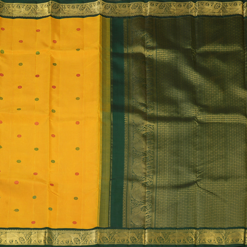 Hayagrivas Handloom Mustard Yellow Kanjivaram Silk Saree with Bottle Green Border KBF6D2-3