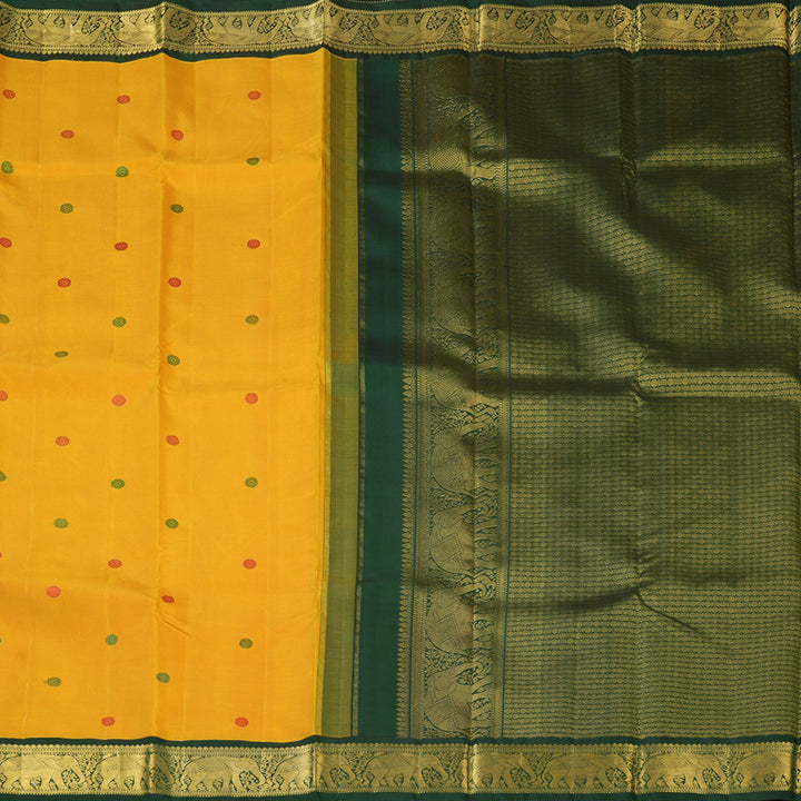 Hayagrivas Handloom Mustard Yellow Kanjivaram Silk Saree with Bottle Green Border KBF6D2-3