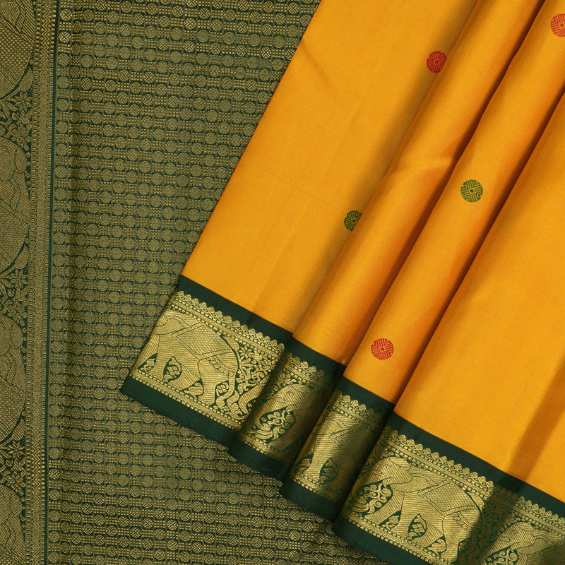 Hayagrivas Handloom Mustard Yellow Kanjivaram Silk Saree with Bottle Green Border KBF6D2-3