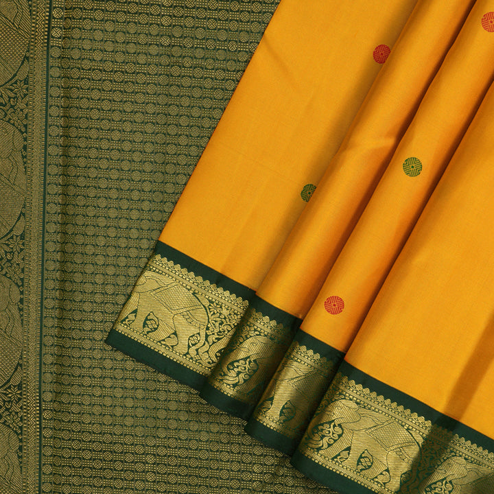 Hayagrivas Handloom Mustard Yellow Kanjivaram Silk Saree with Bottle Green Border KBF6D2-3