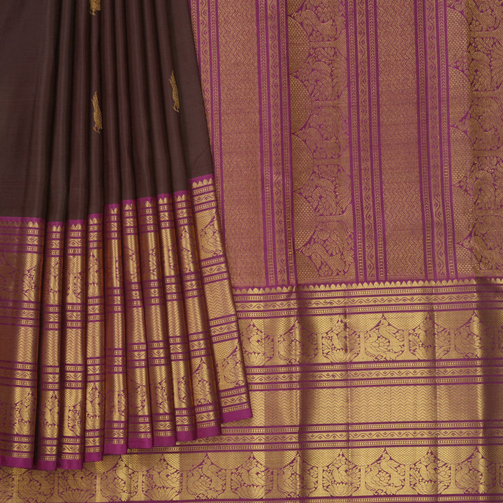 Hayagrivas Handloom Coffee Brown Kanjivaram Silk Saree with Purple Border KBF702G1-1