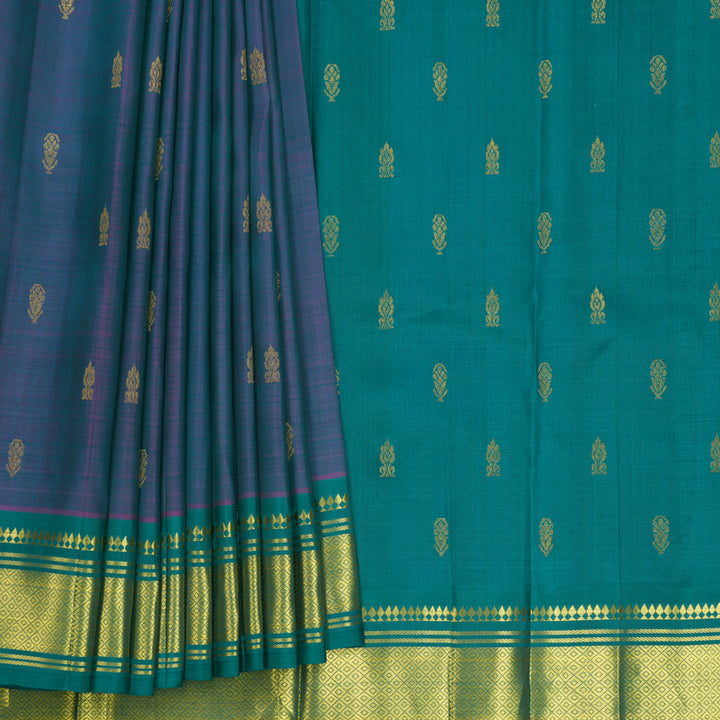 Hayagrivas Dual Tone (Green &amp; Purple) Pure One-sided border Kanjivaram Silk Saree KBF703G1-16