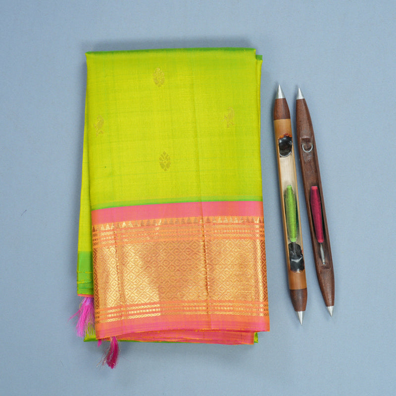 Hayagrivas Fluorescent Green Pure One-sided border Kanjivaram Silk Saree KBF703G1-3