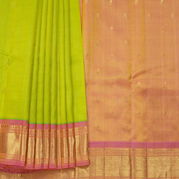 Hayagrivas Fluorescent Green Pure One-sided border Kanjivaram Silk Saree KBF703G1-3
