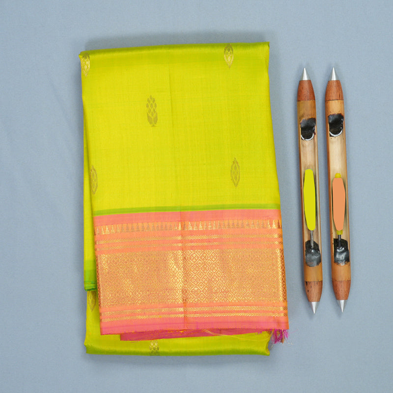 Hayagrivas Lime Green Pure One-sided border Kanjivaram Silk Saree KBF703G1-41