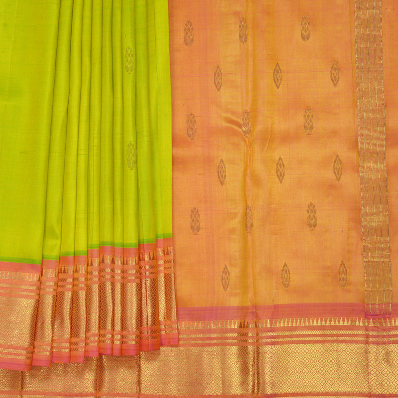 Hayagrivas Lime Green Pure One-sided border Kanjivaram Silk Saree KBF703G1-41