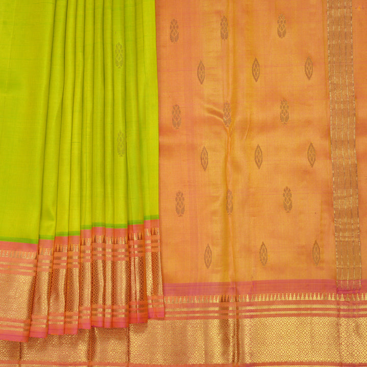 Hayagrivas Lime Green Pure One-sided border Kanjivaram Silk Saree KBF703G1-41