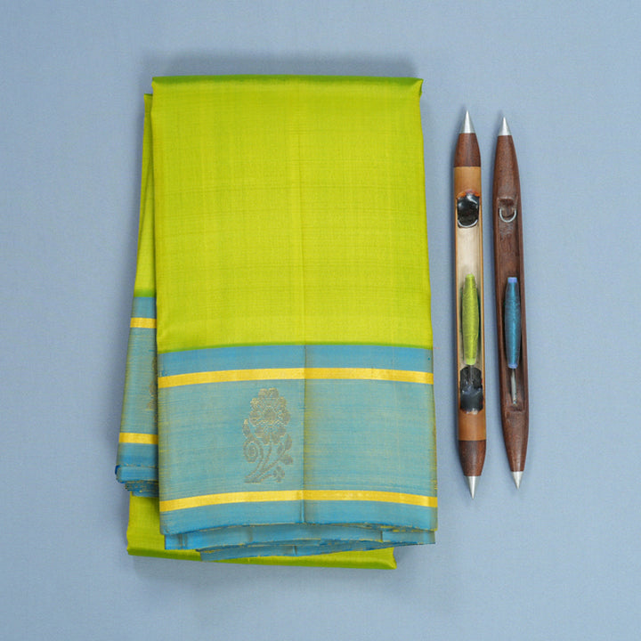 Hayagrivas Handloom Fluorescent Green Kanjivaram Silk Saree with Sky Blue Border KBF703G3-6