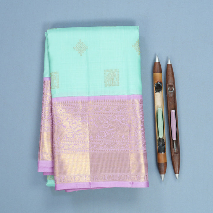 Hayagrivas Handloom Bright Teal Kanjivaram Silk Saree with Lilac Border KBF704G1-1