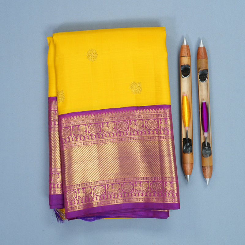 Hayagrivas Handloom Yellow Kanjivaram Silk Saree with Purple Border KBF704G1-2