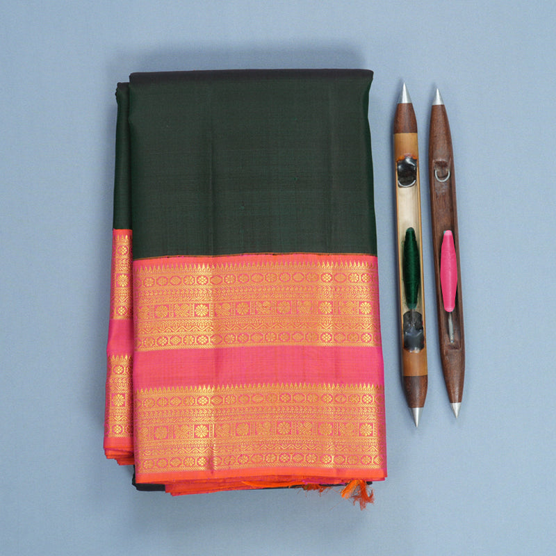Hayagrivas Handloom Bottle Green Kanjivaram Silk Saree with Orangish-Pink Border KBF704G2-1