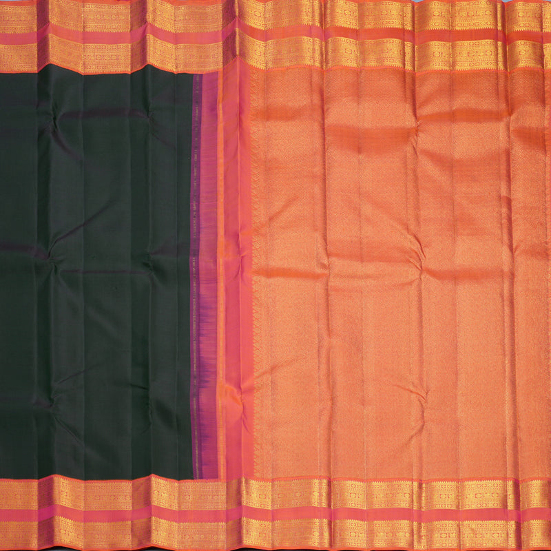 Hayagrivas Handloom Bottle Green Kanjivaram Silk Saree with Orangish-Pink Border KBF704G2-1