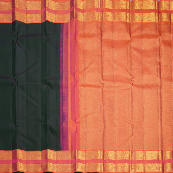 Hayagrivas Handloom Bottle Green Kanjivaram Silk Saree with Orangish-Pink Border KBF704G2-1