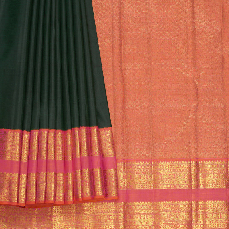 Hayagrivas Handloom Bottle Green Kanjivaram Silk Saree with Orangish-Pink Border KBF704G2-1