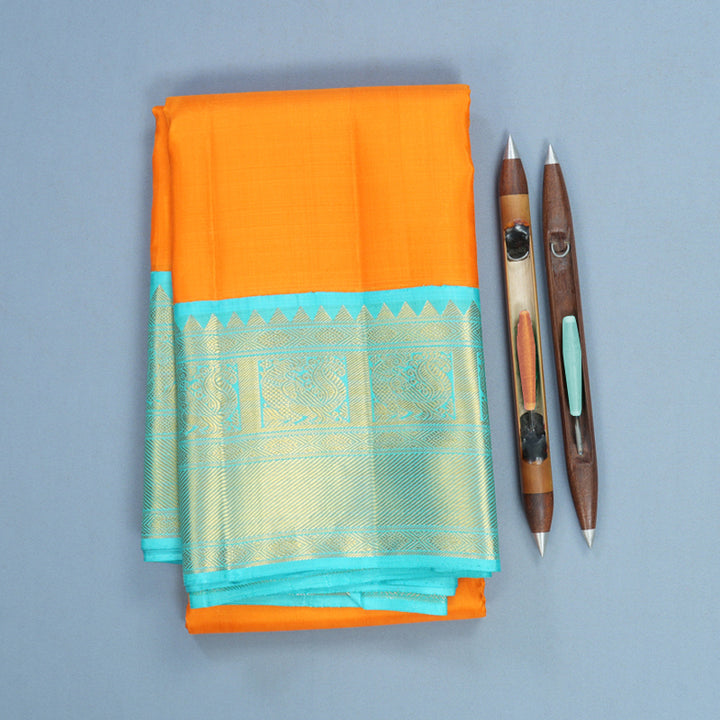 Hayagrivas Handloom Orange Kanjivaram Silk Saree with Sea Blue Border KBF704G2-2