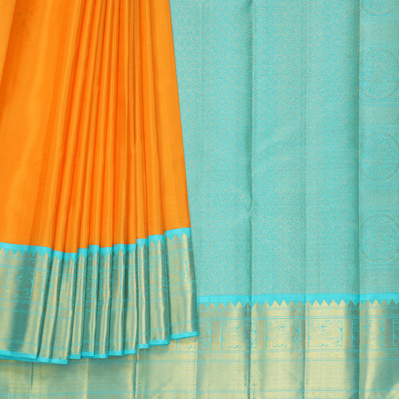 Hayagrivas Handloom Orange Kanjivaram Silk Saree with Sea Blue Border KBF704G2-2