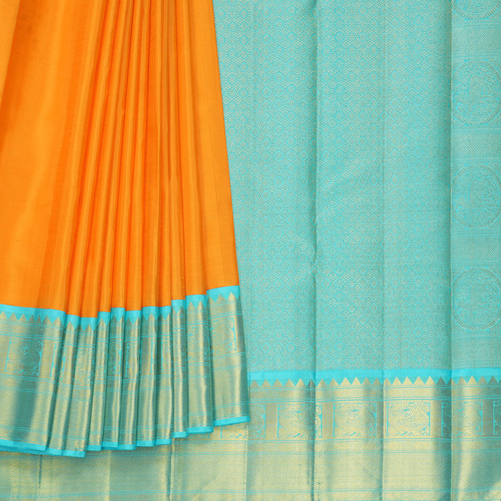 Hayagrivas Handloom Orange Kanjivaram Silk Saree with Sea Blue Border KBF704G2-2