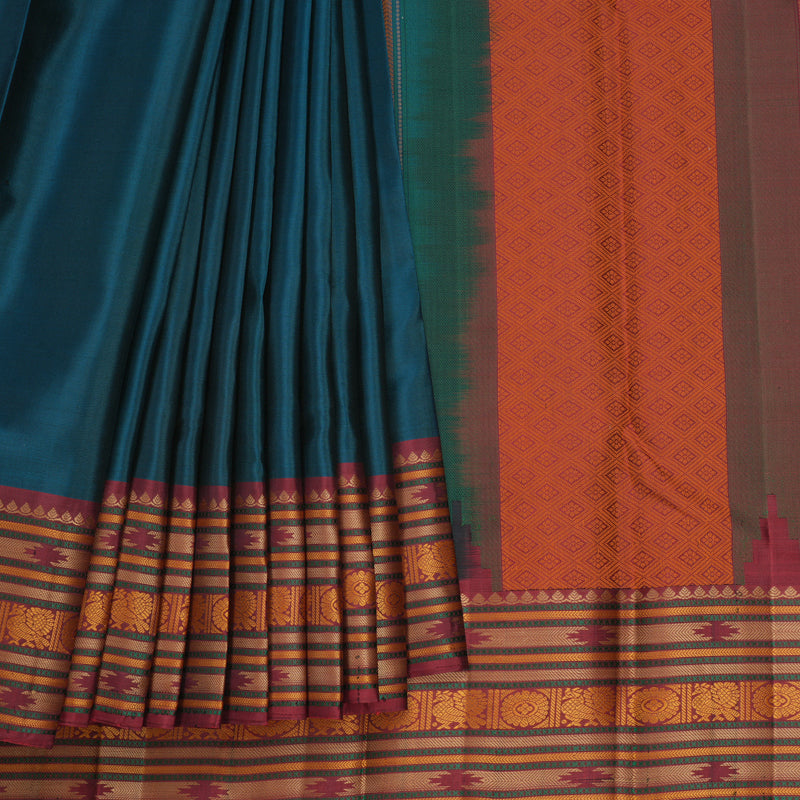 Hayagrivas Handloom Peacock Blue Kanjivaram Silk Saree with Maroon Border KBF706G1-1