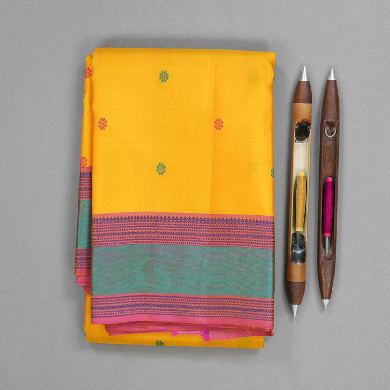 Hayagrivas Handloom Yellow Kanjivaram Silk Saree with Pink Border KBF706G12-1