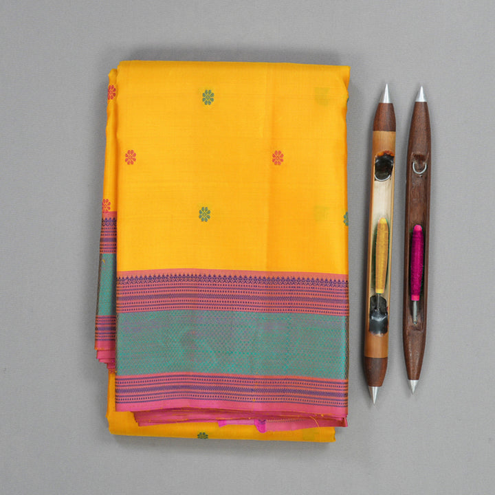 Hayagrivas Handloom Yellow Kanjivaram Silk Saree with Pink Border KBF706G12-1