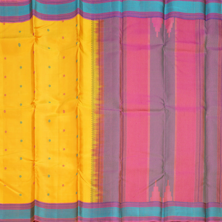 Hayagrivas Handloom Yellow Kanjivaram Silk Saree with Pink Border KBF706G12-1