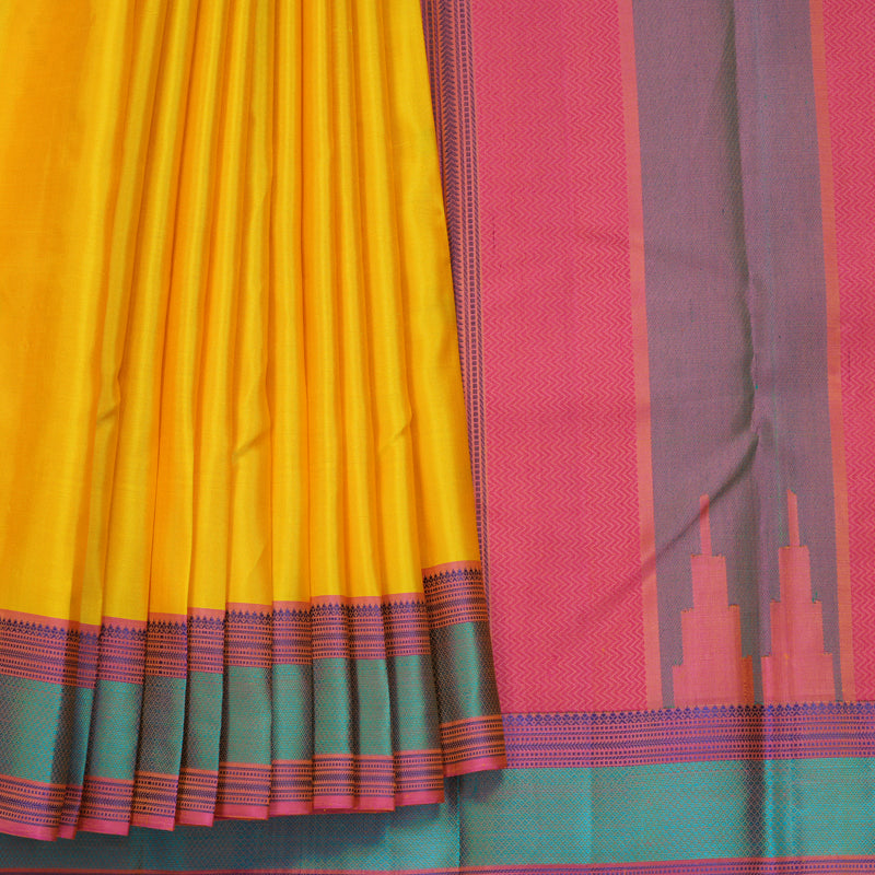 Hayagrivas Handloom Yellow Kanjivaram Silk Saree with Pink Border KBF706G12-1