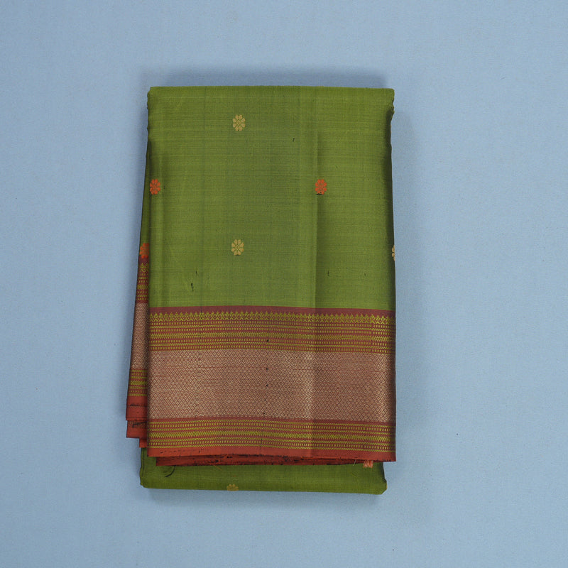 Hayagrivas Handloom Olive Green Kanjivaram Silk Saree with Rust Orange Border KBF706G12-3